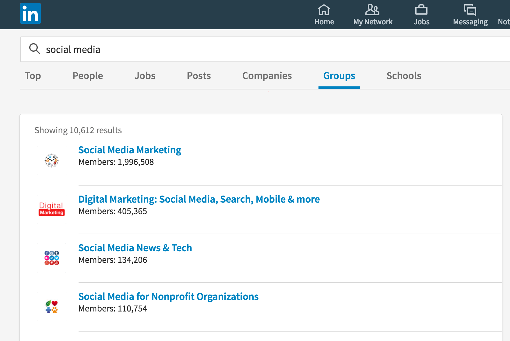 Screenshot of group search via LinkedIn