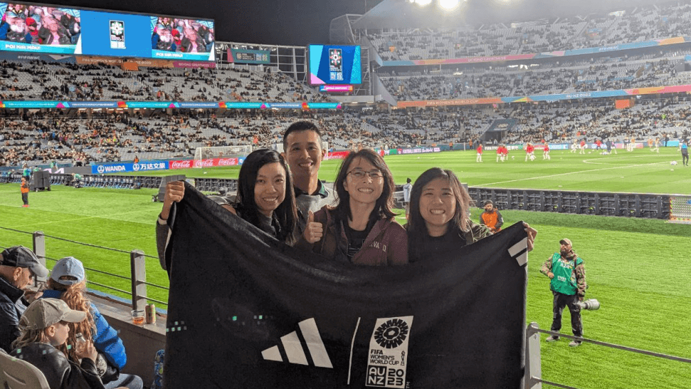 Jing Wen (2nd from right) and her football friends at the WWC 2023 opening match in Auckland