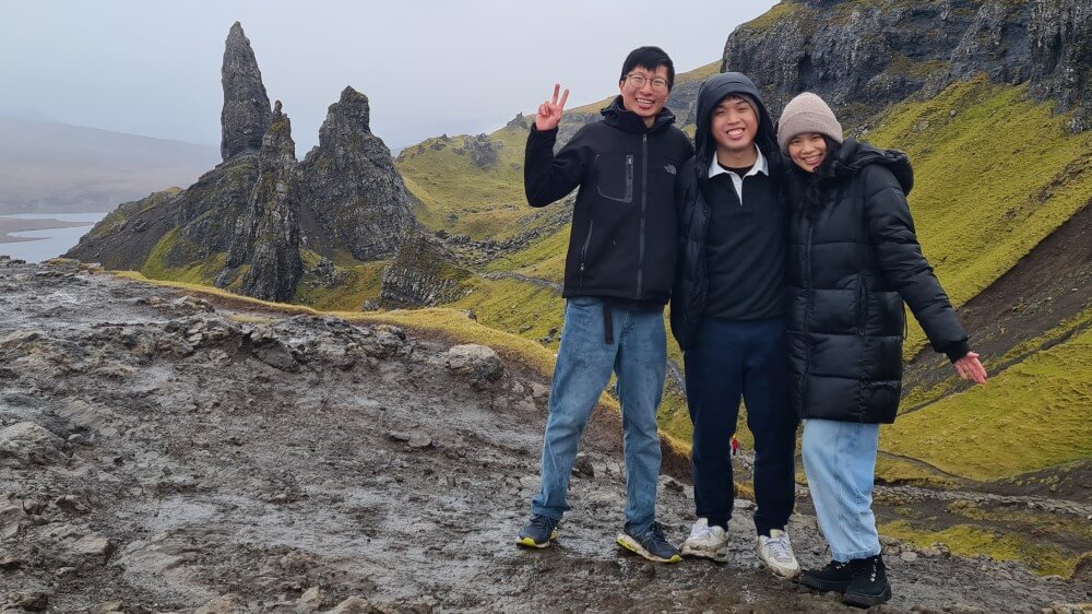 Andrew (left) visiting the Isle of Skye in Scotland with his friends while on exchange at University College London (UCL)